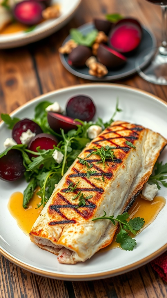 Pan-seared branzino with roasted beet salad on a rustic wooden table.